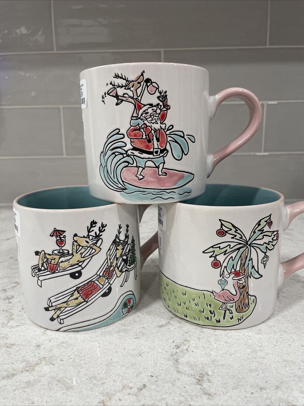Set 3 Hand Painted Flamingo Beach Palm Tree Christmas Mug Eli+Ana Island Coastal